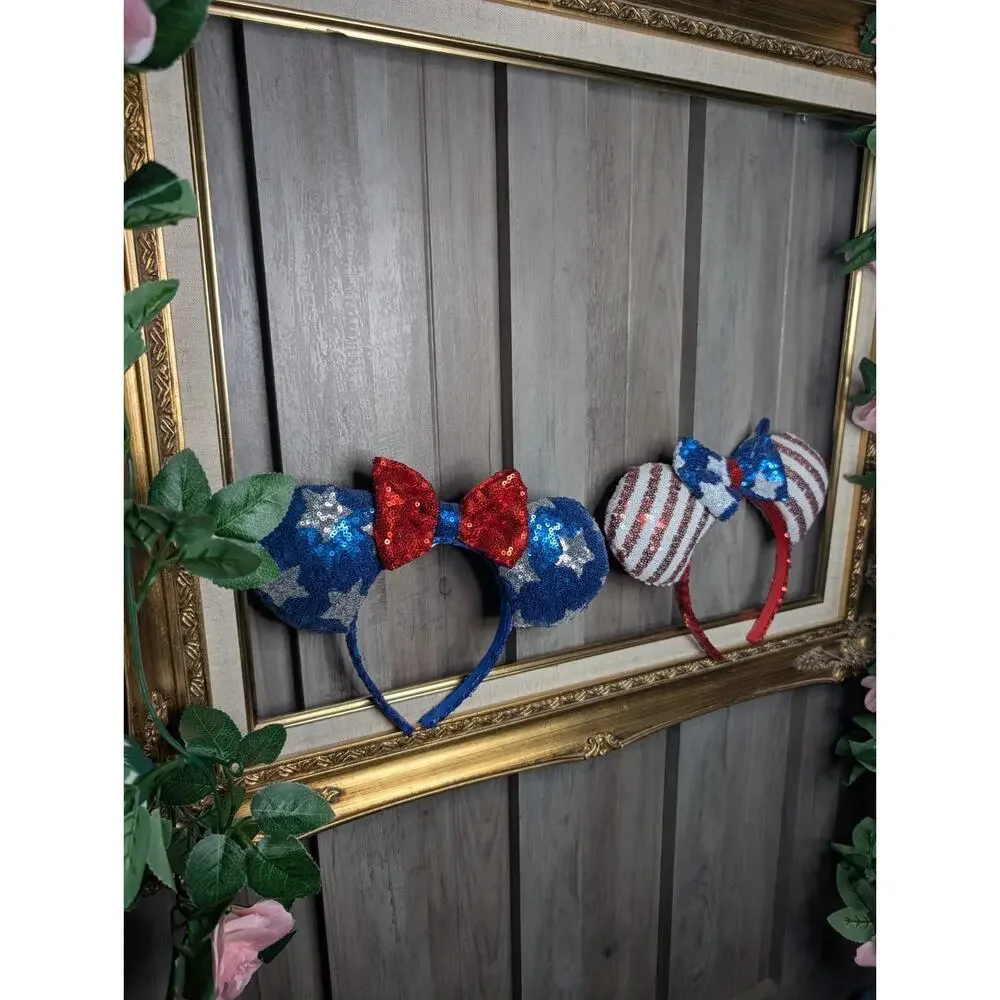 Disney Minnie & Mickey Mouse Sequin Bow Ear Headband Blue Purple Red Stars - Picture 6 of 6